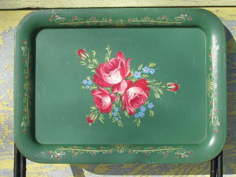 photo of vintage roses on green tole litho print metal folding TV tray tables #3
