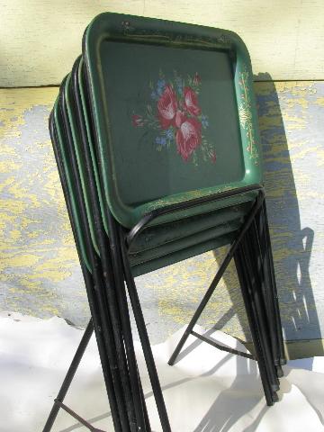photo of vintage roses on green tole litho print metal folding TV tray tables #5