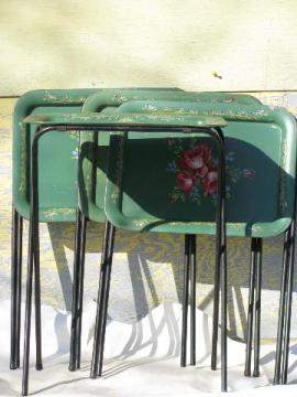 catalog photo of vintage roses on green tole litho print metal folding TV tray tables