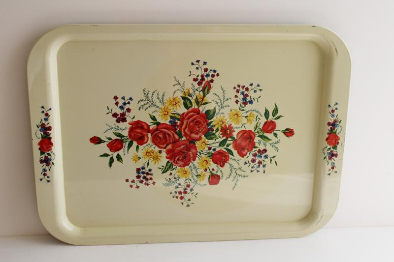 photo of vintage roses print metal tray floral on creamy white, farmhouse cottage style #1