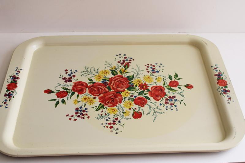 photo of vintage roses print metal tray floral on creamy white, farmhouse cottage style #6