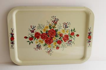 catalog photo of vintage roses print metal tray floral on creamy white, farmhouse cottage style