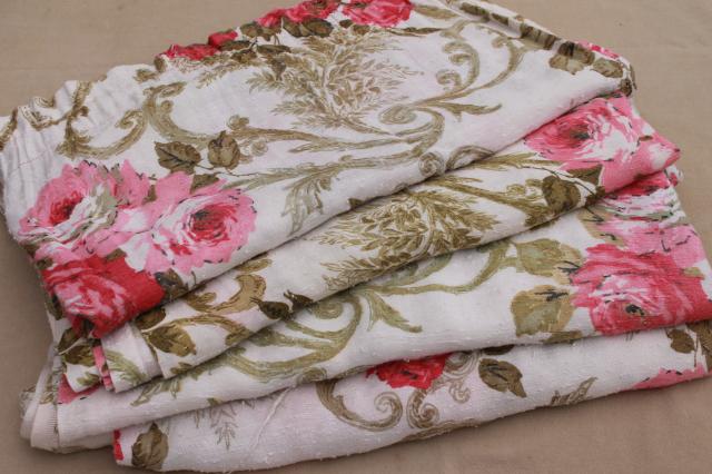 photo of vintage roses print rayon barkcloth curtain panels, shabby cottage chic pink rose floral drapes #1