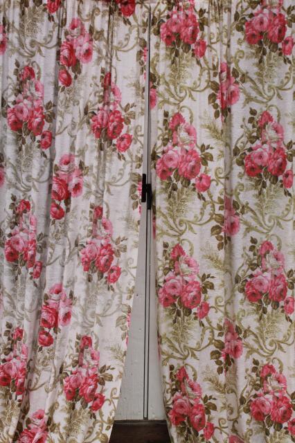 photo of vintage roses print rayon barkcloth curtain panels, shabby cottage chic pink rose floral drapes #2