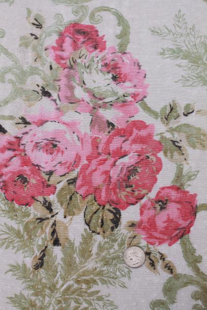 photo of vintage roses print rayon barkcloth curtain panels, shabby cottage chic pink rose floral drapes #3