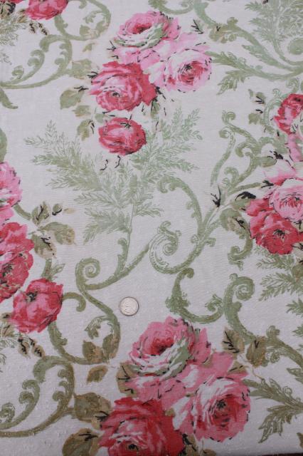 photo of vintage roses print rayon barkcloth curtain panels, shabby cottage chic pink rose floral drapes #4