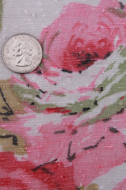 photo of vintage roses print rayon barkcloth curtain panels, shabby cottage chic pink rose floral drapes #5