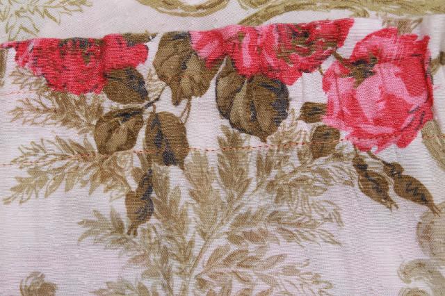 photo of vintage roses print rayon barkcloth curtain panels, shabby cottage chic pink rose floral drapes #7