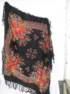 catalog photo of vintage roses print wool challis fabric shawl or scarf, fringed table or piano cover