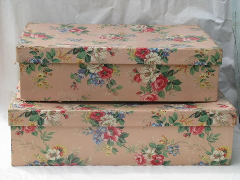 photo of vintage roses wallpaper print nesting storage boxes, shabby cottage chic #1