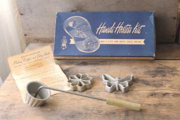 catalog photo of vintage rosette waffle iron & patty shell mold w/ batter recipe for deep frying