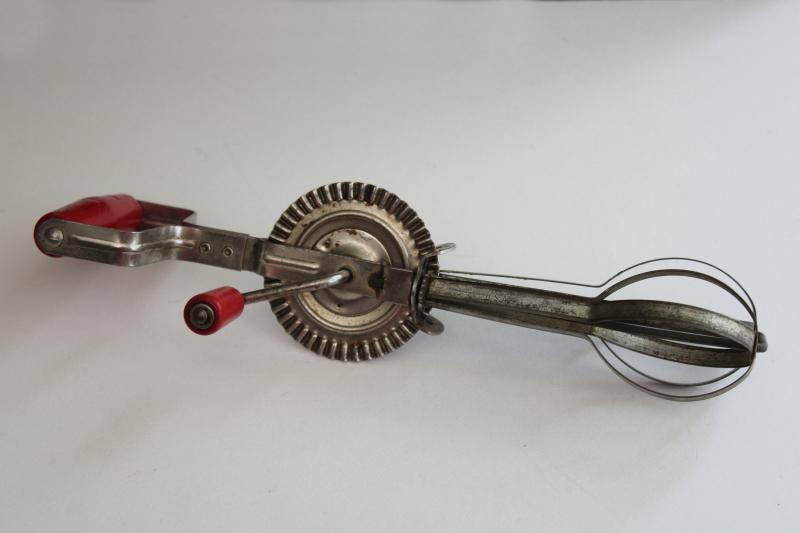 photo of vintage rotary egg beater, hand crank mixer kitchen utensil w/ red painted wood handles #1