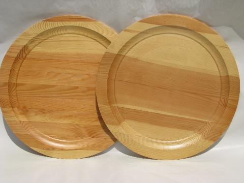 photo of vintage round chargers wood trays lot, Swedish birch, Yugoslavian pine #3