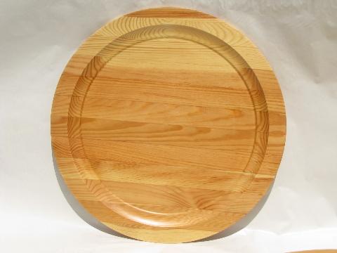 photo of vintage round chargers wood trays lot, Swedish birch, Yugoslavian pine #4