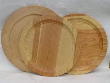 catalog photo of vintage round chargers wood trays lot, Swedish birch, Yugoslavian pine