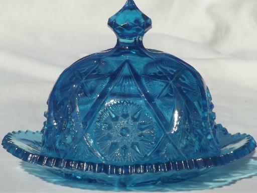 photo of vintage round covered butter dish, aqua blue star glass dome & plate #1