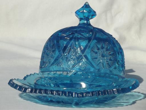 photo of vintage round covered butter dish, aqua blue star glass dome & plate #2