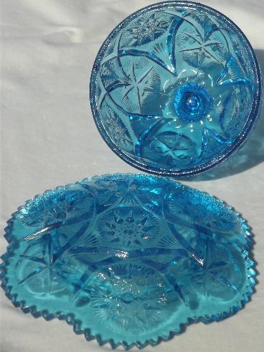 photo of vintage round covered butter dish, aqua blue star glass dome & plate #5