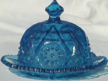 catalog photo of vintage round covered butter dish, aqua blue star glass dome & plate