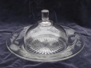 catalog photo of vintage round dome covered butter dish, large glass butter plate