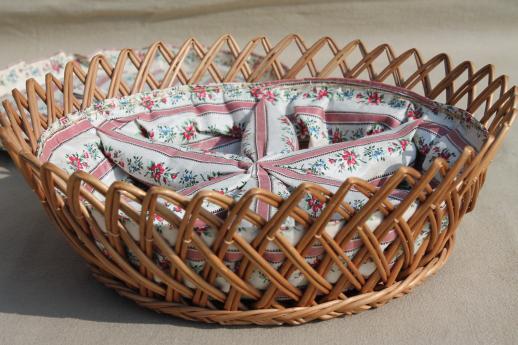 photo of vintage round wicker sewing basket lined in floral cotton chintz fabric #3