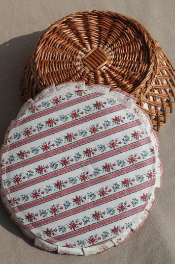 photo of vintage round wicker sewing basket lined in floral cotton chintz fabric #6