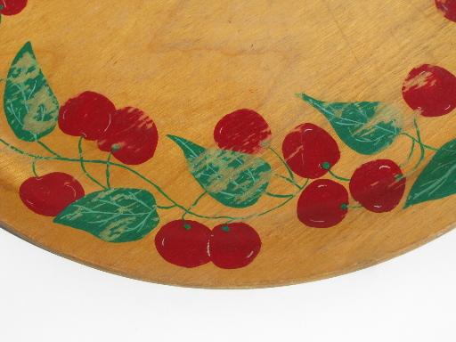 photo of vintage round wood tray or serving plate, hand-painted red cherries #2