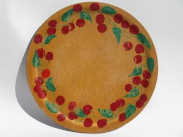 catalog photo of vintage round wood tray or serving plate, hand-painted red cherries