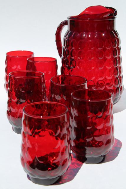 photo of vintage royal ruby red Anchor Hocking bubble pattern glass lemonade pitcher & glasses #1