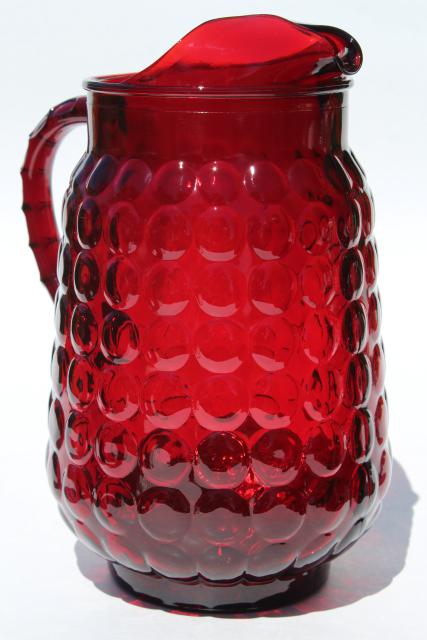 photo of vintage royal ruby red Anchor Hocking bubble pattern glass lemonade pitcher & glasses #3