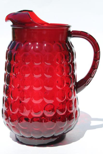 photo of vintage royal ruby red Anchor Hocking bubble pattern glass lemonade pitcher & glasses #4