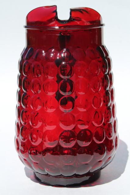 photo of vintage royal ruby red Anchor Hocking bubble pattern glass lemonade pitcher & glasses #6