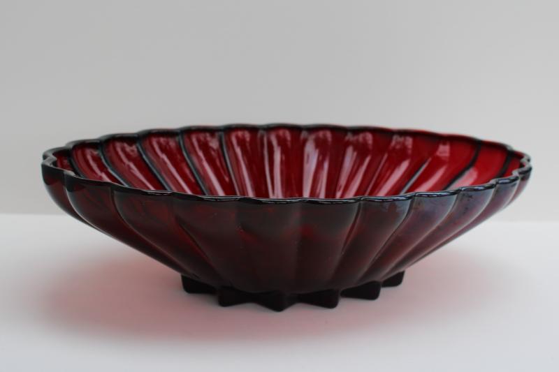 photo of vintage royal ruby red Anchor Hocking glass, large oval bowl star scalloped Rachel pattern #1