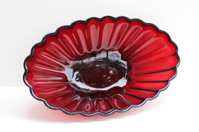 photo of vintage royal ruby red Anchor Hocking glass, large oval bowl star scalloped Rachel pattern #2