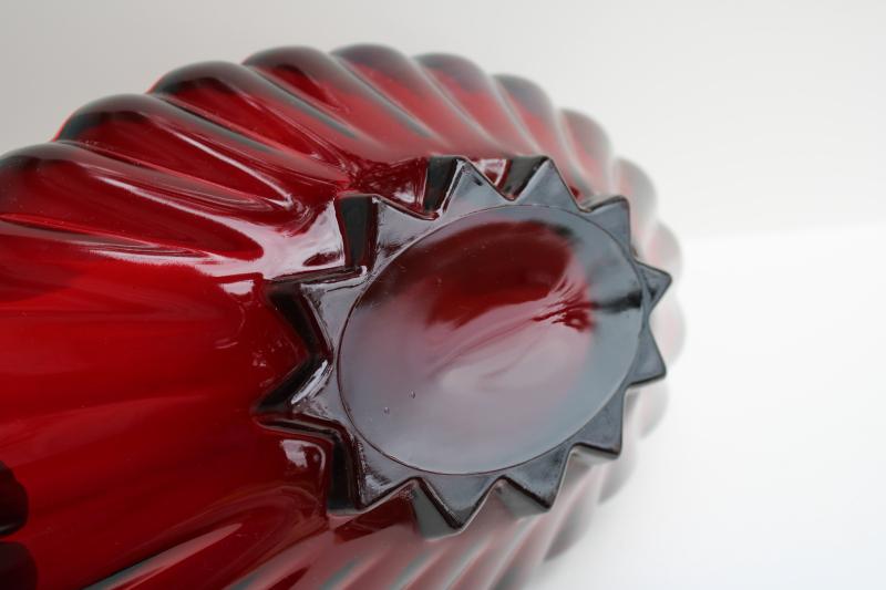 photo of vintage royal ruby red Anchor Hocking glass, large oval bowl star scalloped Rachel pattern #4