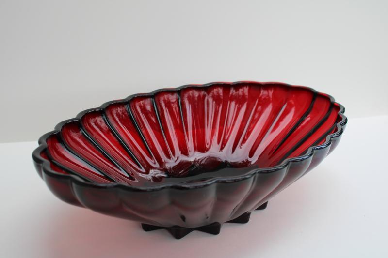 photo of vintage royal ruby red Anchor Hocking glass, large oval bowl star scalloped Rachel pattern #5