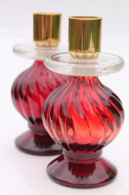 photo of vintage royal ruby red Avon bottle candlesticks, swirl glass candle holders pair #1