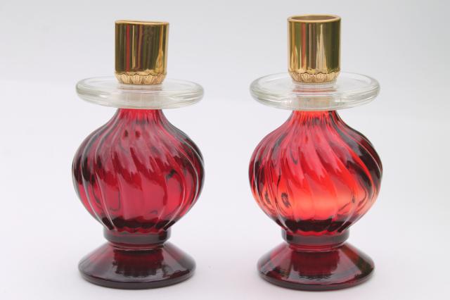 photo of vintage royal ruby red Avon bottle candlesticks, swirl glass candle holders pair #2