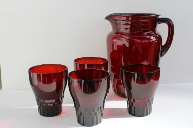 photo of vintage royal ruby red Windsor pattern glass pitcher and flat tumblers drinking glasses #1