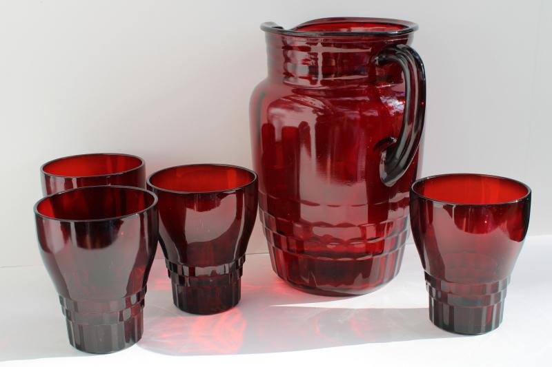 photo of vintage royal ruby red Windsor pattern glass pitcher and flat tumblers drinking glasses #5