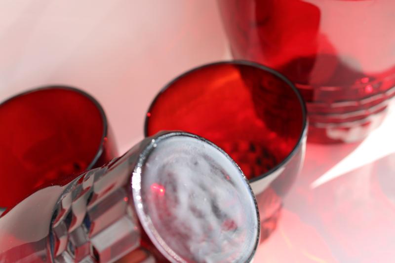 photo of vintage royal ruby red Windsor pattern glass pitcher and flat tumblers drinking glasses #6