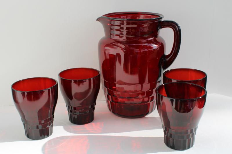 photo of vintage royal ruby red Windsor pattern glass pitcher and flat tumblers drinking glasses #7