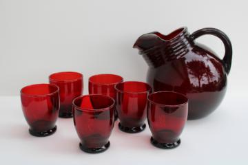 catalog photo of vintage royal ruby red depression glass, ball tilt pitcher & juice glasses 