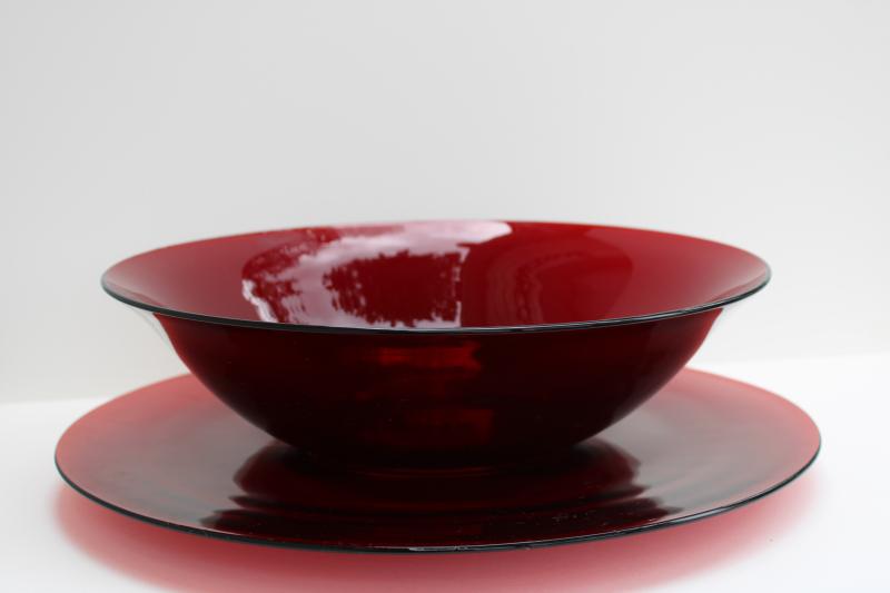 photo of vintage royal ruby red depression glass, huge salad serving bowl & plate #1