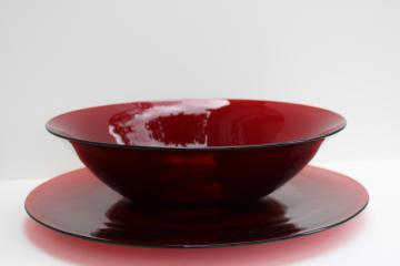 catalog photo of vintage royal ruby red depression glass, huge salad serving bowl & plate