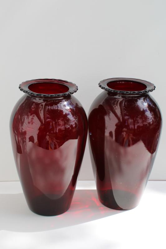 photo of vintage royal ruby red glass Anchor Hocking glassware, large urn shape flower vases #4