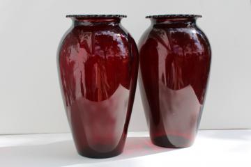 catalog photo of vintage royal ruby red glass Anchor Hocking glassware, large urn shape flower vases