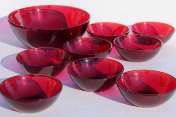 catalog photo of vintage royal ruby red glass bowls, salad set or popcorn / snack dishes