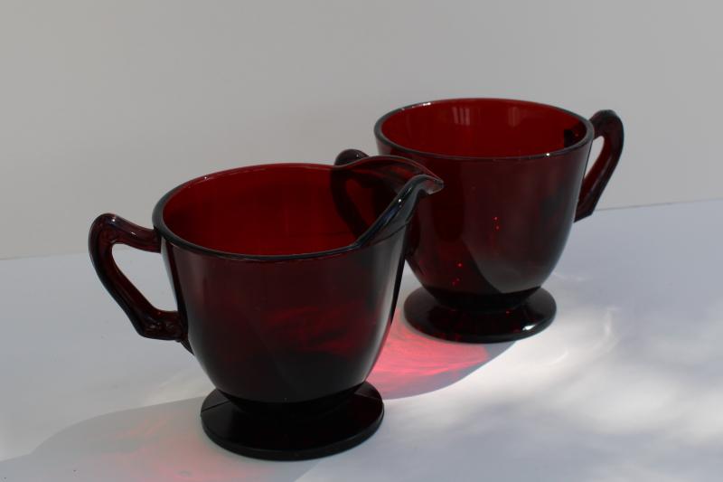 photo of vintage royal ruby red glass cream & sugar set, pitcher & open footed sugar bowl #1