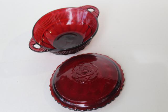 photo of vintage royal ruby red glass powder puff box, round trinket dish w/ flower lid #2